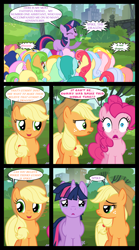 Size: 1280x2300 | Tagged: safe, artist:bigsnusnu, imported from derpibooru, applejack, gummy, pinkie pie, twilight sparkle, earth pony, unicorn, comic:dusk shine in pursuit of happiness, bridge, building, crying, dialogue, dissatisfied, dusk shine, horn, implied spike, park, rule 63, tree