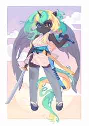 Size: 2897x4096 | Tagged: safe, artist:saxopi, imported from derpibooru, oc, oc only, alicorn, anthro, clothes, commission, female, heterochromia, hoof hold, katana, mare, sandals, sky background, socks, solo, sword, thigh highs, weapon