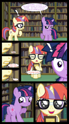 Size: 1280x2300 | Tagged: safe, artist:bigsnusnu, imported from derpibooru, moondancer, twilight sparkle, unicorn, comic:dusk shine in pursuit of happiness, colt, dialogue, dusk shine, female, filly, filly moondancer, foal, glasses, happy, horn, librarian, library, looking back, male, rule 63, younger