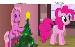 Size: 811x512 | Tagged: safe, edit, edited screencap, imported from derpibooru, screencap, pinkie pie, pinkie pie (g3), earth pony, pony, a very minty christmas, three's a crowd, bipedal, chair, christmas, christmas tree, comparison, decoration, female, g3, g3 to g4, generation leap, holiday, open mouth, open smile, pinterest, smiling, standing, text, tree, wrong aspect ratio