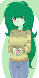 Size: 1559x3078 | Tagged: safe, artist:batipin, imported from derpibooru, wallflower blush, human, equestria girls, 2d, blushing, breasts, busty wallflower blush, clothes, cute, eyebrows, eyebrows visible through hair, female, freckles, heart, heart hands, long sleeves, looking at you, pants, pockets, smiling, smiling at you, solo, sweater