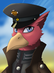 Size: 2000x2692 | Tagged: safe, artist:twotail813, imported from derpibooru, oc, oc only, oc:heinz featherhoff, griffon, equestria at war mod, bust, cap, clothes, hat, portrait, solo