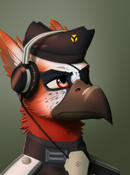 Size: 2000x2692 | Tagged: safe, artist:twotail813, imported from derpibooru, oc, oc only, oc:peter zuckergreif, griffon, equestria at war mod, bust, clothes, hat, headphones, portrait, solo