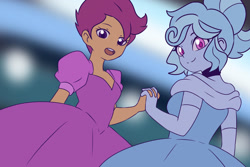 Size: 1280x854 | Tagged: safe, artist:qsky, imported from derpibooru, scootaloo, oc, oc:jemimasparkle, human, equestria girls, canon x oc, choker, cinderella, clothes, dancing, dress, duo, evening gloves, female, gloves, gown, holding hands, lesbian, long gloves, looking at you, open mouth, poofy shoulders, smiling
