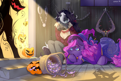 Size: 2351x1567 | Tagged: safe, imported from derpibooru, oc, oc only, earth pony, pony, unicorn, candy, clothes, costume, dark, food, halloween, halloween costume, holiday, horn, witch, z0ri0n