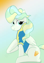 Size: 595x842 | Tagged: safe, artist:paladin0, imported from derpibooru, vapor trail, pegasus, pony, clothes, female, gradient background, hoof on chest, mare, sitting, solo, uniform, wonderbolt trainee uniform