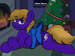 Size: 2048x1535 | Tagged: safe, artist:doodlesdoodles8, imported from derpibooru, oc, oc only, oc:wing front, pegasus, pony, bound wings, brown mane, brown tail, christmas, christmas tree, draw me like one of your french girls, gift wrapped, holiday, living room, lying down, pegasus oc, present, prone, purple coat, ribbon, smiling, tail, tree, wings