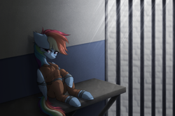 Size: 4473x2988 | Tagged: safe, artist:viryav, imported from derpibooru, rainbow dash, pegasus, bound wings, chained, chains, clothes, commissioner:rainbowdash69, cuffed, cuffs, never doubt rainbowdash69's involvement, prison outfit, prisoner, prisoner rd, sad, shackles, solo, wings