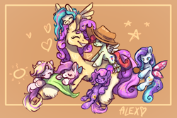Size: 1080x720 | Tagged: artist needed, safe, imported from derpibooru, oc, oc:chai leche, oc:curious query, oc:flux key, oc:icy hot, oc:post haste, oc:quickdraw, oc:shooting star, changeling, earth pony, pegasus, unicorn, blanket, bow, brush, charm, commissioner:dhs, cowboy hat, cute, dreamcatcher, family, female, handkerchief, hat, heart, horn, mother and child, mother and daughter, simple background, sleeping, smiling, stars, unshorn fetlocks