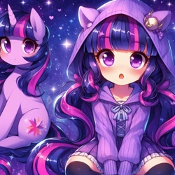 Size: 1024x1024 | Tagged: safe, imported from derpibooru, twilight sparkle, human, pony, unicorn, :o, ai content, ai generated, anime, bangs, blushing, bow, child, clothes, duality, duo, female, galaxy, generator:bing image creator, generator:dall-e 3, heart, hoodie, horn, human ponidox, humanized, light skin, long hair, long socks, looking at you, open mouth, pony ears, ribbon, self paradox, self ponidox, shirt, sitting, skirt, smiling, socks, sparkles, stars, unicorn twilight, wrong cutie mark