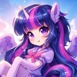 Size: 1024x1024 | Tagged: safe, imported from derpibooru, twilight sparkle, alicorn, human, ai content, ai generated, anime, arm hooves, bangs, bow, clothes, cloud, deformed, eared humanization, female, generator:bing image creator, generator:dall-e 3, horn, horned humanization, humanized, long hair, looking at you, pony ears, reverse anthro, shirt, short sleeves, skirt, sky, smiling, solo, sparkles, tail, tailed humanization, twilight sparkle (alicorn), winged humanization, wings