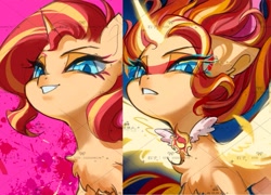Size: 1389x1000 | Tagged: safe, artist:shizizizizi527, imported from derpibooru, sunset shimmer, pony, unicorn, equestria girls, daydream shimmer, duality, female, grin, horn, looking at you, mare, smiling, solo