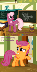 Size: 574x1120 | Tagged: safe, edit, edited screencap, imported from derpibooru, screencap, cheerilee, scootaloo, fanfic:rainbow factory, the last crusade, chalkboard, fanfic art, ponyville schoolhouse, weather factory