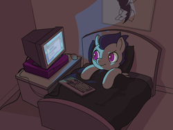 Size: 1600x1200 | Tagged: safe, artist:darkdoomer, rumble, /mlp/, 4chan, bed, colt, computer, internet browser, looking at something, male, night, print, silicon graphics, sleep tight, solo, thread