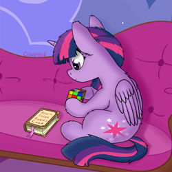 Size: 4000x4000 | Tagged: safe, artist:cloudmild, imported from derpibooru, twilight sparkle, alicorn, pony, book, couch, cute, female, horn, mare, rubik's cube, sitting, smiling, solo, twilight sparkle (alicorn), wings