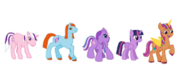 Size: 361x140 | Tagged: safe, artist:diana173076, imported from derpibooru, bright eyes, sunny starscout, twilight, twilight sparkle, twilight twinkle, alicorn, earth pony, pony, unicorn, my little pony tales, 2d, artificial horn, artificial wings, augmented, base used, bend over, braid, colored hooves, eyebrows, female, folded wings, g1, g1 to g2, g1 to g4, g2, g2 to g4, g3, g3 to g4, g4 to g5, g5, generation leap, generational ponidox, group, happy, horn, magic, magic horn, magic wings, mare, open mouth, open smile, race swap, raised hoof, sextet, simple background, smiling, standing, sunny and her heroine, sunnycorn, tail, twilight sparkle (alicorn), white background, wings