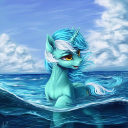 Size: 1024x1024 | Tagged: safe, imported from derpibooru, lyra heartstrings, pony, unicorn, ai content, ai generated, cloud, generator:novelai, generator:stable diffusion, horn, ocean, painting, partially submerged, prompter:hazy skies, scenery, scenery porn, solo, swimming, water, wave