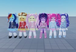 Size: 950x652 | Tagged: safe, imported from derpibooru, applejack, fluttershy, pinkie pie, rainbow dash, rarity, twilight sparkle, alicorn, axolotl, rabbit, semi-anthro, equestria girls, animal, bangs, blazer, blushing, bow, clothes, collar, cowboy hat, curly hair, eyes closed, female, females only, freckles, hat, horn, long socks, mary janes, necktie, no mouth, plaid, plaid skirt, pleated skirt, pocket, pony ears, ponytails, roblox, school uniform, shirt, shoes, skirt, sky, socks, straight hair, twilight sparkle (alicorn), wings