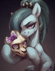 Size: 1396x1816 | Tagged: safe, artist:jewellier, imported from derpibooru, marble pie, earth pony, pony, abstract background, alternate hairstyle, crystal, eyeshadow, female, geode, looking at you, makeup, mare, mascara, skull, solo, that pony sure does love geodes