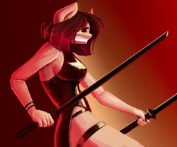 Size: 3000x2500 | Tagged: safe, artist:anastas, imported from derpibooru, oc, oc only, oc:naga, anthro, earth pony, pony, bracelet, breasts, clothes, dress, female, jewelry, katana, latex, latex dress, red light, side slit, solo, spiked wristband, sword, teeth, total sideslit, weapon, wristband
