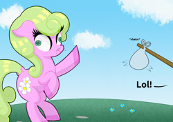 Size: 2400x1700 | Tagged: safe, artist:scandianon, imported from derpibooru, daisy, flower wishes, earth pony, pony, bag, derp, female, floppy ears, hoers, horses doing horse things, implied anon, mare, outdoors, pinpoint eyes, plastic bag, rearing, rectangular pupil, scared, stick, whiskers