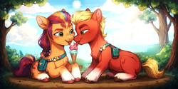 Size: 2048x1024 | Tagged: safe, imported from derpibooru, sprout cloverleaf, sunny starscout, earth pony, pony, :p, ai content, ai generated, cute, duo, duo male and female, eating, female, food, forest, g5, hair, ice cream, lake, looking at each other, looking at someone, love, male, mane stripe sunny, mare, nature, prompter:oranzinispegasiukas, prompter:truesprout, romance, romantic, shipping, sky, sproutbetes, straight, sunnyclover, tail, tongue out, tree, water