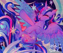 Size: 2048x1726 | Tagged: safe, artist:petaltwinkle, imported from derpibooru, twilight sparkle, alicorn, pony, abstract background, bangs, blushing, colored, colored wings, colored wingtips, detailed, ear blush, eye clipping through hair, eyelashes, female, flying, horn, horn blush, long mane, long tail, looking at you, mare, multicolored mane, multicolored tail, multicolored wings, nose blush, one eye closed, open mouth, open smile, purple coat, purple eyes, raised hoof, satrs, shiny coat, shiny eyes, shiny mane, shiny tail, signature, smiling, smiling at you, solo, sparkles, spread wings, tail, twilight sparkle (alicorn), unicorn horn, wingding eyes, wings