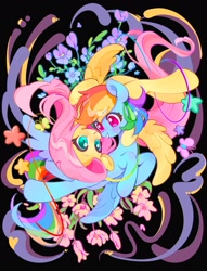 Size: 1575x2062 | Tagged: safe, artist:chonpsk, imported from derpibooru, fluttershy, rainbow dash, butterfly, pegasus, pony, black background, blushing, duo, duo female, female, flower, flutterdash, flying, hoof around neck, lesbian, looking at each other, looking at someone, mare, shipping, simple background, smiling, smiling at each other, stars, wings