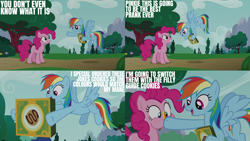 Size: 2000x1125 | Tagged: safe, edit, edited screencap, editor:quoterific, imported from derpibooru, screencap, pinkie pie, rainbow dash, earth pony, pegasus, 28 pranks later, season 6, cookie, cookie box, duo, duo female, female, food, mare