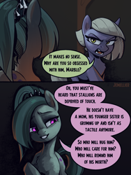 Size: 1800x2400 | Tagged: safe, artist:jewellier, imported from derpibooru, part of a set, limestone pie, marble pie, earth pony, pony, series:ask the pie sisters, alternate hairstyle, alternate universe, ask, comic, duo, english, female, implied big macintosh, implied marblemac, implied shipping, implied straight, marbellise delilah pie, mare, ponytail, speech bubble, text, translation