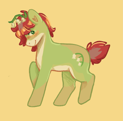 Size: 1517x1500 | Tagged: safe, artist:luvlorne, imported from derpibooru, oc, oc only, earth pony, pony, artfight, cutie mark, full body, green coat, oc name needed, red mane, red tail, side view, simple background, small tail, smiling, solo, tail, yellow background