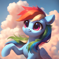 Size: 828x831 | Tagged: safe, imported from derpibooru, rainbow dash, pegasus, pony, ai assisted, ai content, ai generated, beautiful, big eyes, blue sky, cloud, cute, detailed, generator:purplesmart.ai, generator:stable diffusion, long hair, multicolored hair, pink eyes, prompter:saltyvity, rainbow hair, sky, smiling, solo, sunset