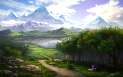 Size: 3500x2200 | Tagged: safe, artist:zetamad, imported from derpibooru, twilight sparkle, pony, unicorn, book, cloud, female, forest, grass, high res, horn, lake, lying down, mare, mountain, nature, outdoors, picnic blanket, prone, rock, scenery, scenery porn, sky, solo, tail, tree, unicorn twilight, water