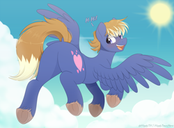 Size: 1600x1179 | Tagged: safe, artist:higgly-chan, imported from derpibooru, oc, oc only, oc:maxwell, pegasus, pony, butt, cloud, dialogue, dock, eye clipping through hair, flying, looking at you, looking back, looking back at you, male, open mouth, plot, rear view, sky, smiling, spread wings, stallion, sun, tail, unshorn fetlocks, wings