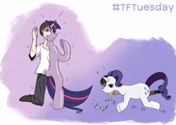 Size: 3508x2480 | Tagged: safe, artist:tao-tg, imported from derpibooru, rarity, twilight sparkle, human, pony, unicorn, bondage, broken, duo, encasement, glasses, horn, human to pony, male to female, rule 63, transformation, transgender transformation