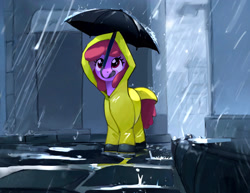 Size: 2546x1970 | Tagged: safe, artist:mandumustbasukanemen, imported from derpibooru, berry punch, berryshine, earth pony, pony, cobblestone street, female, mare, mouth hold, outdoors, rain, raincoat, smiling, solo, umbrella, water