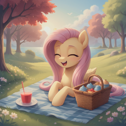 Size: 1320x1320 | Tagged: safe, imported from derpibooru, fluttershy, pegasus, pony, ai content, ai generated, basket, beautiful, cup, cupcake, cute, eyes closed, female, flower, food, generator:bluefox mix, generator:stable diffusion, grass, lake, lying down, mare, open mouth, open smile, picnic, picnic basket, picnic blanket, prompter:adorablebluefox, prone, scenery, shyabetes, smiling, solo, sunset, tree, water, wings