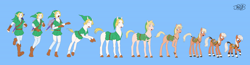 Size: 18592x4867 | Tagged: safe, artist:jowyb, imported from derpibooru, earth pony, hylian, pony, absurd resolution, blue background, character to character, clothes, coat markings, epona, link, male to female, ponified, rule 63, saddle, simple background, socks (coat markings), species swap, tack, the legend of zelda, transformation, transformation sequence, transforming clothes, transgender transformation