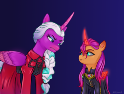 Size: 1920x1458 | Tagged: safe, artist:mrricharz, imported from derpibooru, opaline arcana, sunny starscout, alicorn, earth pony, pony, alternate universe, au:reign of fire, duo, duo female, female, g5, gradient background, race swap, sunnycorn