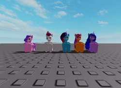 Size: 1050x760 | Tagged: safe, imported from derpibooru, izzy moonbow, pipp petals, sunny starscout, zipp storm, earth pony, pegasus, pony, unicorn, feet, female, g5, game, game mod, group photo, horn, misty brightdawn, roblox, shitposting, solo, solo female