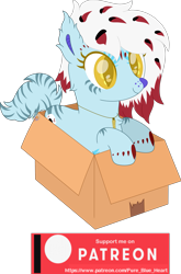Size: 1637x2476 | Tagged: safe, artist:pure-blue-heart, imported from derpibooru, oc, oc only, oc:brisk bully, cat, cat pony, original species, pony, box, cat nose, coat markings, ear fluff, female, if i fits i sits, jewelry, mare, multicolored mane, necklace, patreon, patreon logo, patreon reward, pony in a box, simple background, smiling, solo, transparent background, watermark, yellow eyes