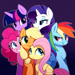 Size: 1024x1024 | Tagged: prompter needed, safe, imported from derpibooru, applejack, fluttershy, pinkie pie, rainbow dash, rarity, twilight sparkle, earth pony, pegasus, pony, ai content, ai generated, cute, female, frown, generator:novelai, generator:stable diffusion, grin, group, hatless, lidded eyes, looking at each other, looking at someone, mane six, mare, missing accessory, night, night sky, raised hoof, sextet, sky, smiling