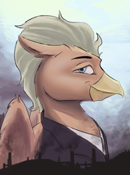 Size: 1560x2100 | Tagged: safe, artist:tofuslied-, imported from derpibooru, oc, oc only, oc:plumage moonfeather, hippogriff, equestria at war mod, bust, clothes, jacket, necktie, portrait, solo