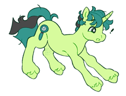 Size: 1280x971 | Tagged: safe, artist:cocopudu, imported from derpibooru, oc, oc only, pony, unicorn, blue eyes, commission, curly mane, exclamation point, eyebrows, eyebrows visible through hair, g2, green coat, green hooves, horn, leaning forward, long tail, oc name needed, open mouth, profile, raised eyebrow, short mane, signature, simple background, starry eyes, style emulation, surprised face, tail, two toned mane, two toned tail, unicorn horn, unicorn oc, unshorn fetlocks, white background, wingding eyes