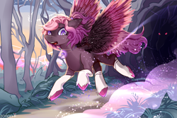 Size: 2351x1567 | Tagged: safe, imported from derpibooru, oc, oc only, pegasus, pony, forest, horror, monster, nature, pegasus oc, predator, running, tree, wings, z0ri0n