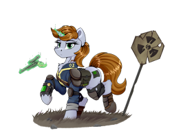 Size: 6200x4800 | Tagged: safe, artist:singovih, imported from derpibooru, oc, oc only, oc:littlepip, pony, unicorn, fallout equestria, armor, bag, clothes, female, horn, jumpsuit, looking at you, magic, mare, mentats, pipbuck, road sign, saddle bag, simple background, solo, telekinesis, weapon