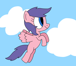 Size: 1398x1213 | Tagged: safe, artist:samanthathehoneypony36, imported from twibooru, pegasus, pony, adult blank flank, blank flank, closed mouth, cloud, cloudy, cute, female, flapping, flying, g1, g1 northabetes, g1 to g4, generation leap, hooves, hooves up, image, like rainbow dash, mare, north star (g1), north star can fly, png, sky, smiling, solo, spread wings, wind, windswept hair, windswept mane, windswept tail, wings
