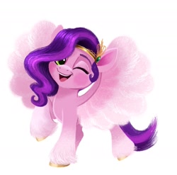 Size: 1425x1407 | Tagged: safe, artist:allisonpopick, imported from derpibooru, pipp petals, pegasus, pony, adorapipp, cute, female, g5, happy, headband, mare, one eye closed, open mouth, open smile, raised hoof, simple background, smiling, solo, spread wings, unshorn fetlocks, white background, wings, wink