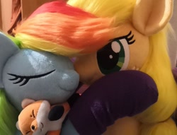 Size: 944x720 | Tagged: safe, artist:trueheartcraft, imported from derpibooru, applejack, rainbow dash, earth pony, pegasus, pony, appledash, clothes, cute, duo, eyes closed, female, hug, irl, kissing, lesbian, photo, plushie, shipping, socks