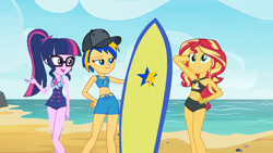 Size: 1147x645 | Tagged: safe, artist:richardchibbard, imported from derpibooru, sci-twi, sunset shimmer, twilight sparkle, oc, oc:flare spark, human, equestria girls, baseball cap, beach, cap, clothes, female, glasses, hat, one-piece swimsuit, ponytail, sci-twi swimsuit, sunset shimmer swimsuit, surfboard, swimsuit, trio, trio female